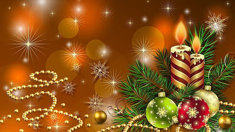 Candles Glow Bright, candle, feliz navidad, glow, christmas, holiday, firefox persona, winter, bokeh, gold, flame, green, fir, beads, spruce, HD wallpaper