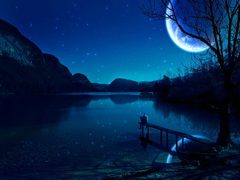 Lonely dreamer, stars, man, lonely, sky, lake, moon, water, loneliness, darkness, dreamer, evening, night, HD wallpaper