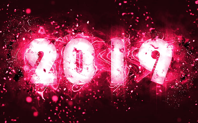 2019 year, neon lights abstract art, creative, 2019 concepts, purple background, pink neon, Happy New Year 2019, HD wallpaper