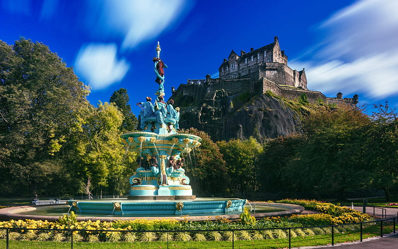 Edinburgh Castle, Ross Fountain, West Princes Street Gardens, Edinburgh, beautiful fountain, ancient castle, United Kingdom, HD wallpaper