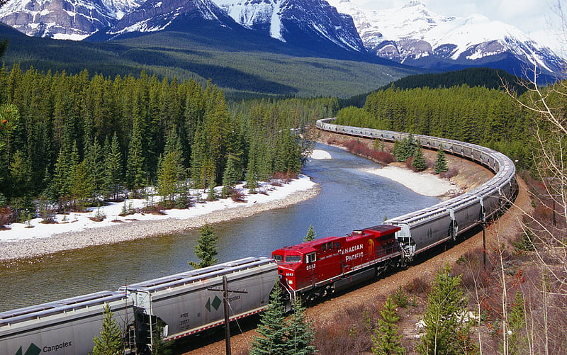 CANADIAN PACIFIC, forest, railroad, railway, train, snow, mountains, trees, HD wallpaper