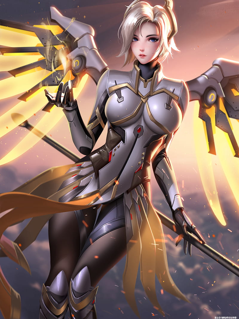 Mercy (Overwatch), Overwatch, video games, video game girls, fantasy girl, blonde, blue eyes, looking at viewer, armor, fire, sparks, wings, costumes, the gap, depth of field, sky, clouds, portrait display, vertical, video game characters, artwork, drawing, digital art, illustration, fan art, Liang Xing, Liang-Xing, figure-hugging armor, HD phone wallpaper