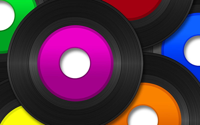vinyl records, close-up, multi-colored plates, musical plates, vinyls, HD wallpaper