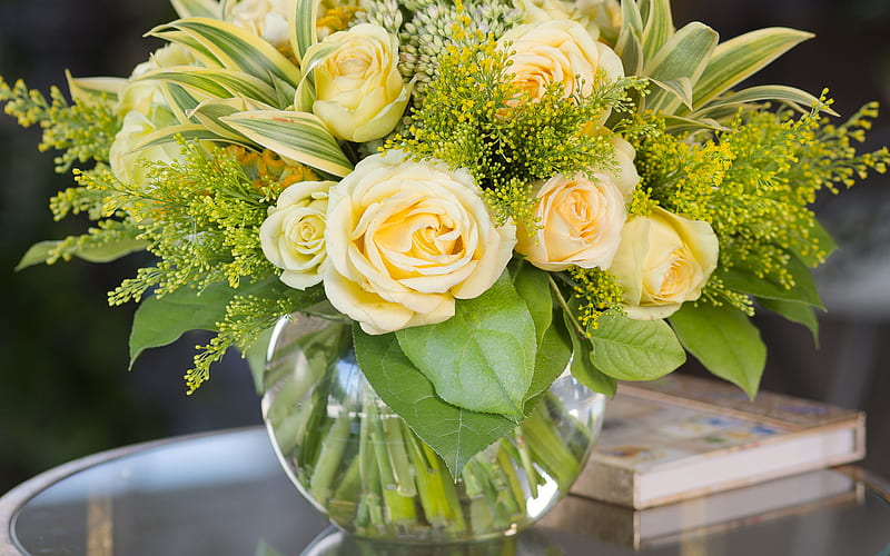 bouquet of yellow roses, yellow roses, glass vase, roses, yellow flowers, HD wallpaper