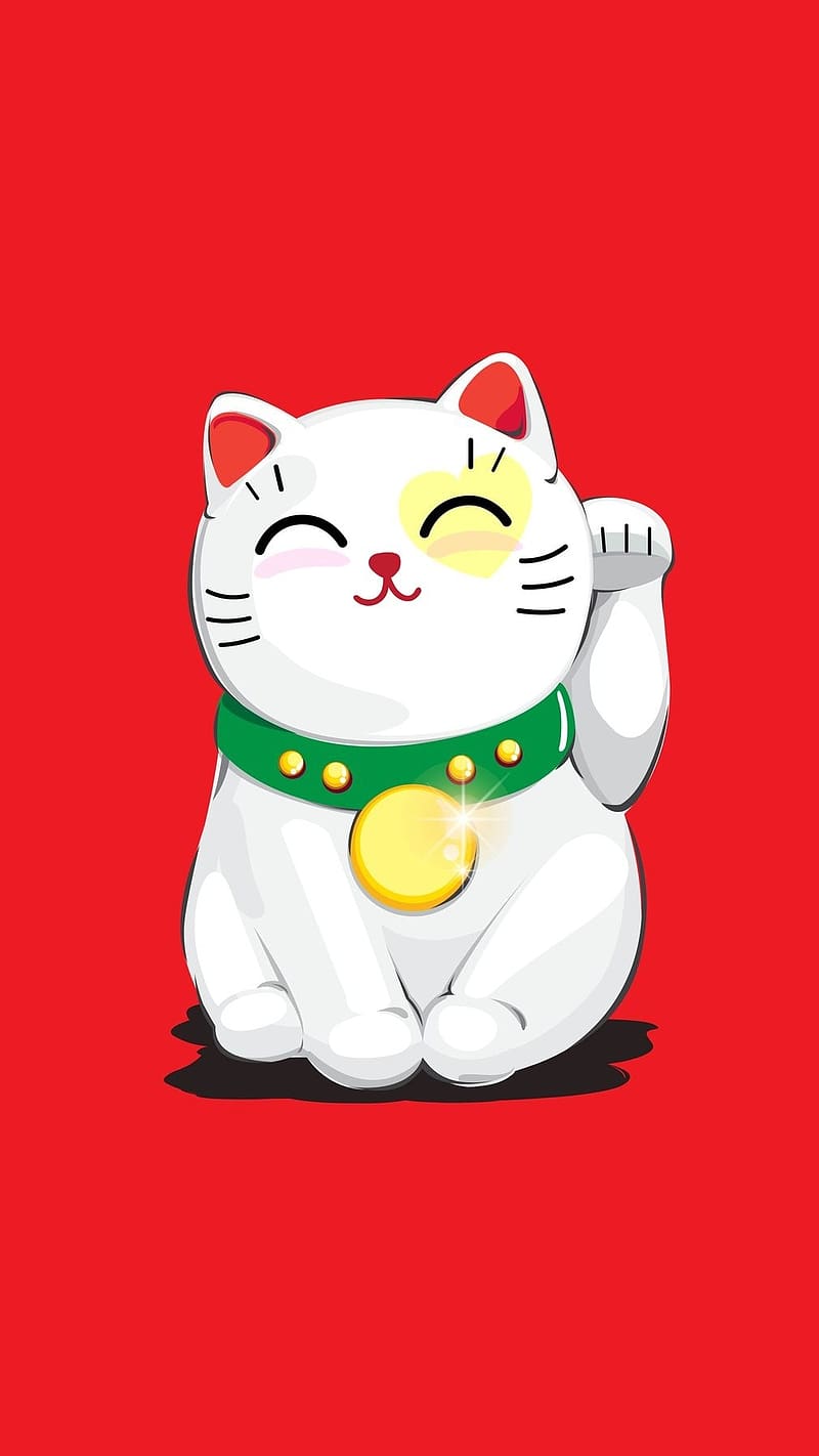 Cute Cartoon Cat, white cat with red bg, cat, animal, HD phone wallpaper