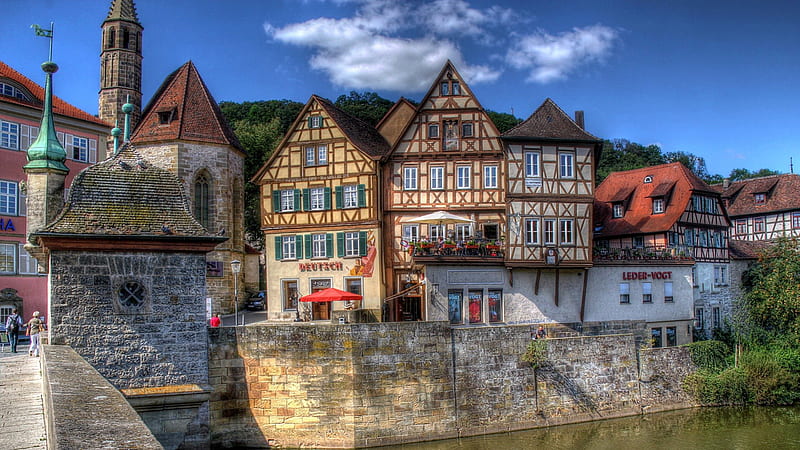 wonderful town of schwäbisch hall in germany, cafes, bridge, town, river, wall, HD wallpaper