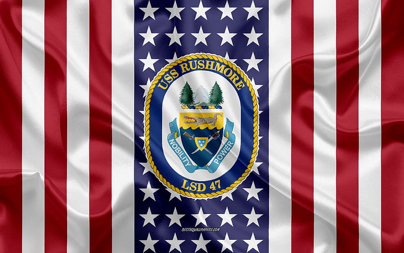USS Rushmore Emblem, LSD-47, American Flag, US Navy, USA, USS Rushmore Badge, US warship, Emblem of the USS Rushmore, HD wallpaper