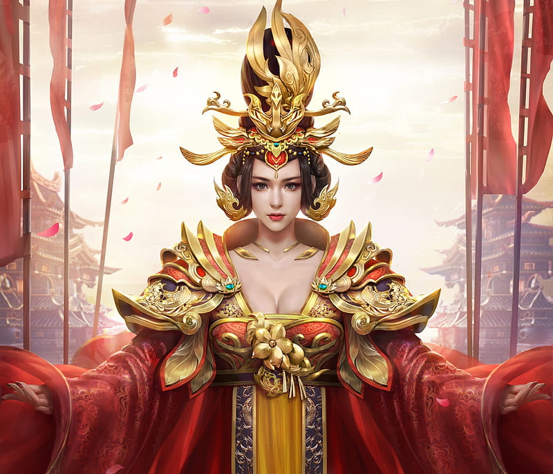 Empress, red, fantasy, frumusete, luminos, golden, asian, duang song, china, HD wallpaper