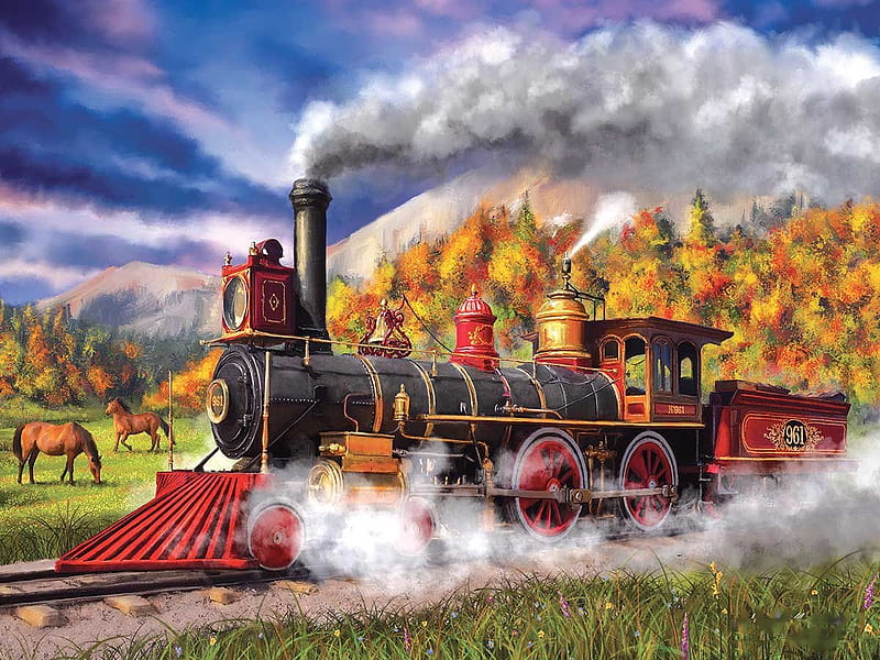 Full Steam Ahead, train, locomotive, autumn, painting, railways, artwork, HD wallpaper