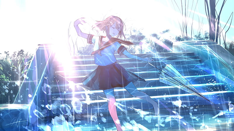 anime school girl, dancing, raining, closed eyes, umbrella, Anime, HD wallpaper