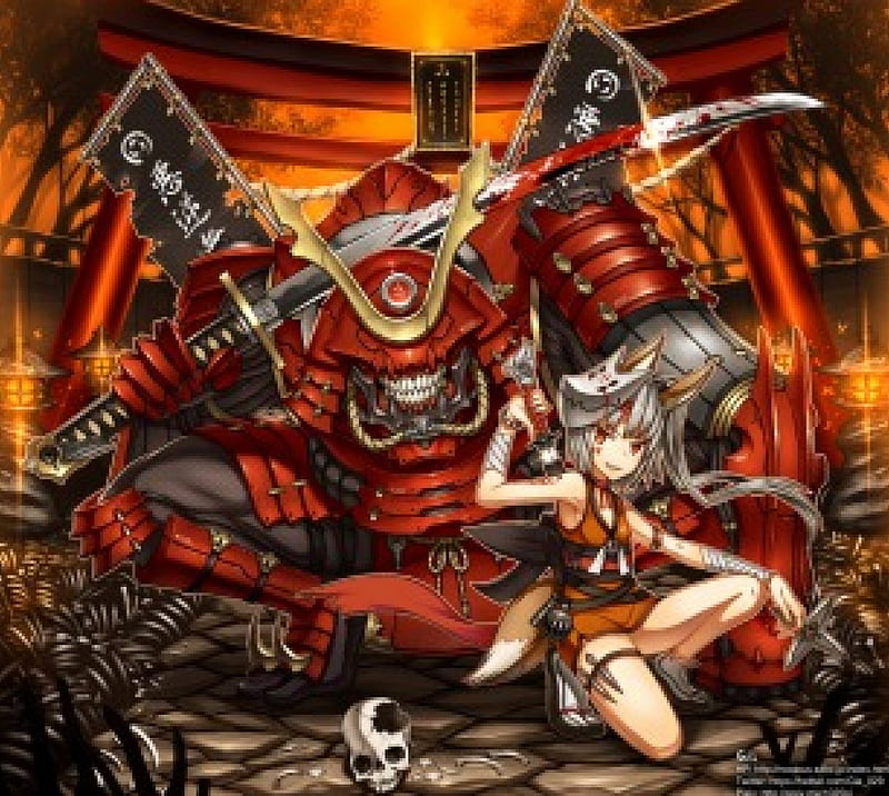 Anime, red, mecha, samurai, mask, blood, HD wallpaper