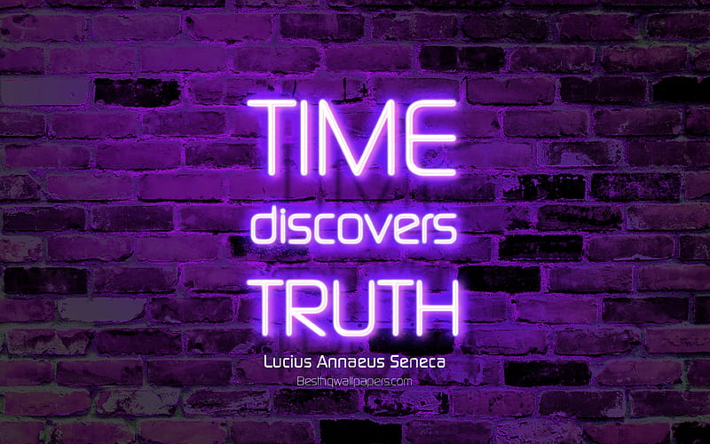 Time discovers truth violet brick wall, Lucius Annaeus Seneca Quotes, neon text, inspiration, Lucius Annaeus Seneca, quotes about truth, HD wallpaper