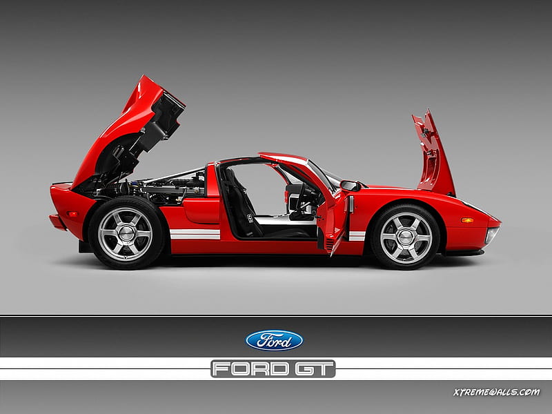 ford gt, red, silver stripe, silver alloys, two seater, mid engine, HD wallpaper