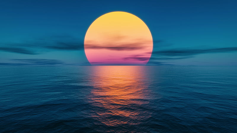 Outrun Sunset at the Ocean, HD wallpaper