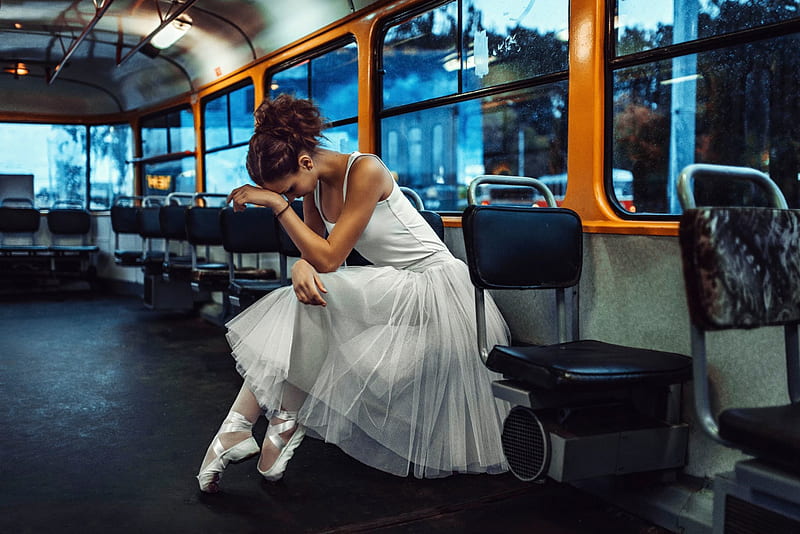 Ballerina, fatigue, dressed in white tulle, public transport, HD wallpaper