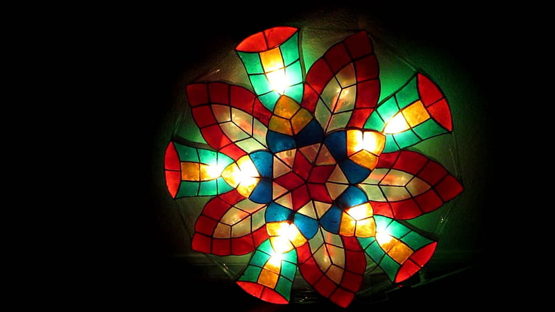 Lantern made of Shells from the Phillipines, flowers, green, blue, lights, HD wallpaper