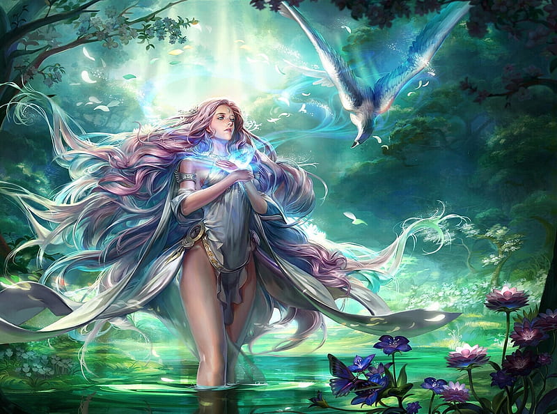 Spring goddess, water, green, girl, goddess, spring, chan chan, blue, HD wallpaper