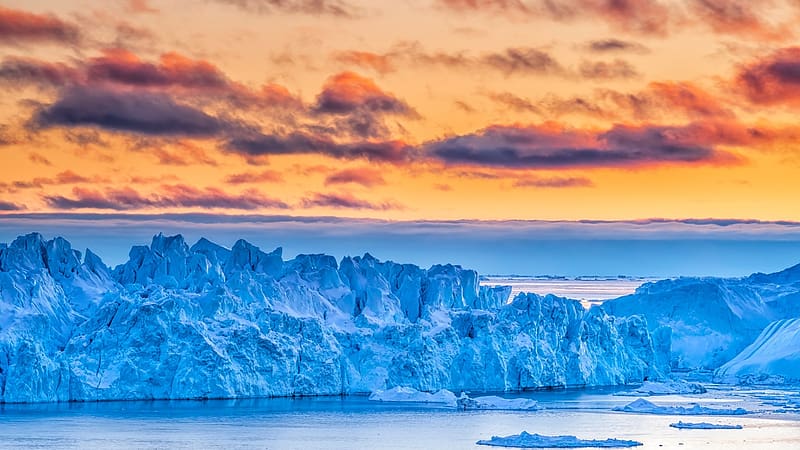Blocks Of Ice, Greenland, sky, frozen, sunset, sea, colors, clouds, HD wallpaper