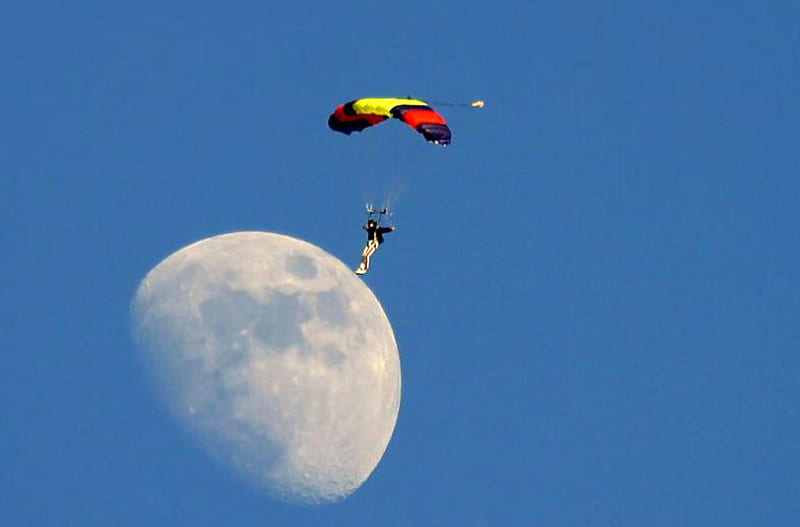 Parachutist landing on the moon, man, moon, sky, other, HD wallpaper