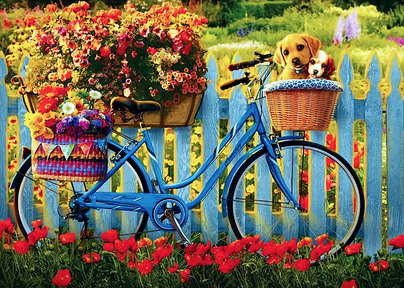 Pedal Pups Adventure, dogs, flowers, bicycle, fence, painting, HD wallpaper