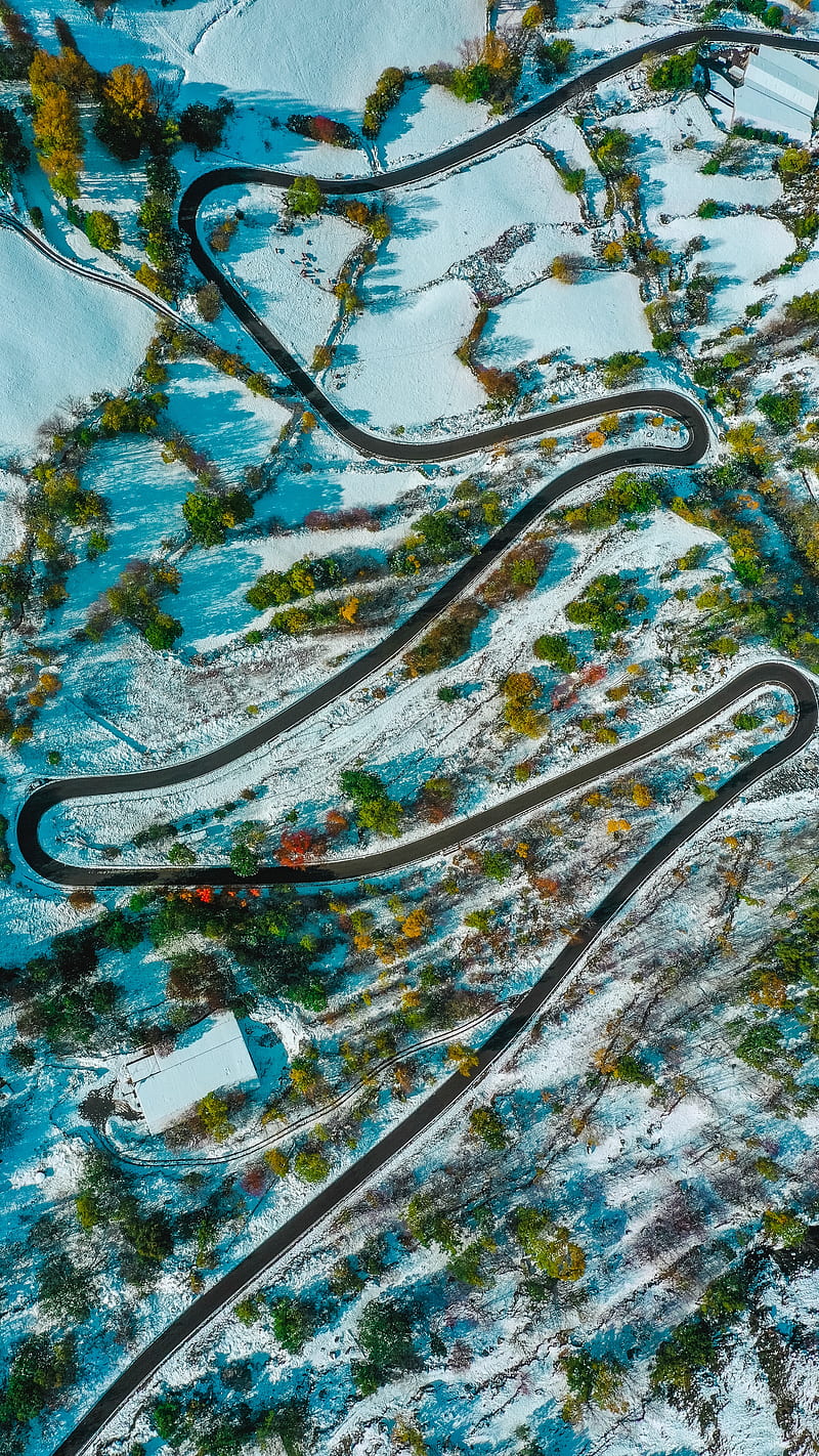 road, winding, aerial view, snowy, landform, HD phone wallpaper