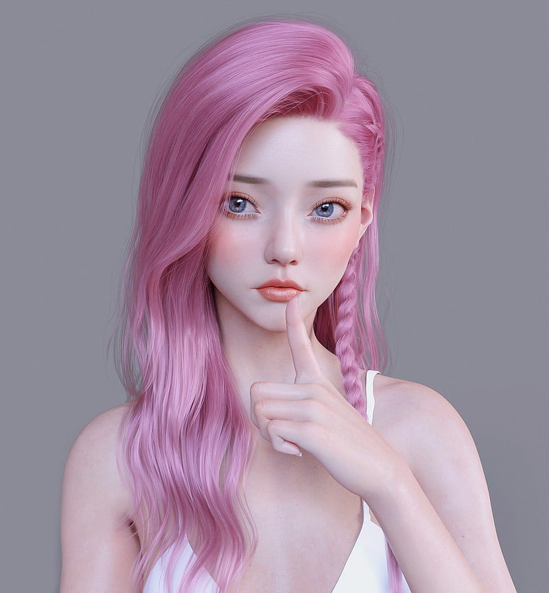 Chen Wang, women, pink hair, long hair, blue eyes, blush, simple background, Seraphine, Seraphine (League of Legends), HD phone wallpaper