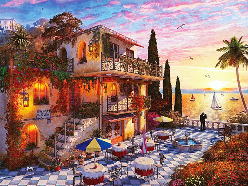 Mediterranean Romance, painting, house, trees, colors, beach, sea, tables, chairs, artwork, restaurant, HD wallpaper