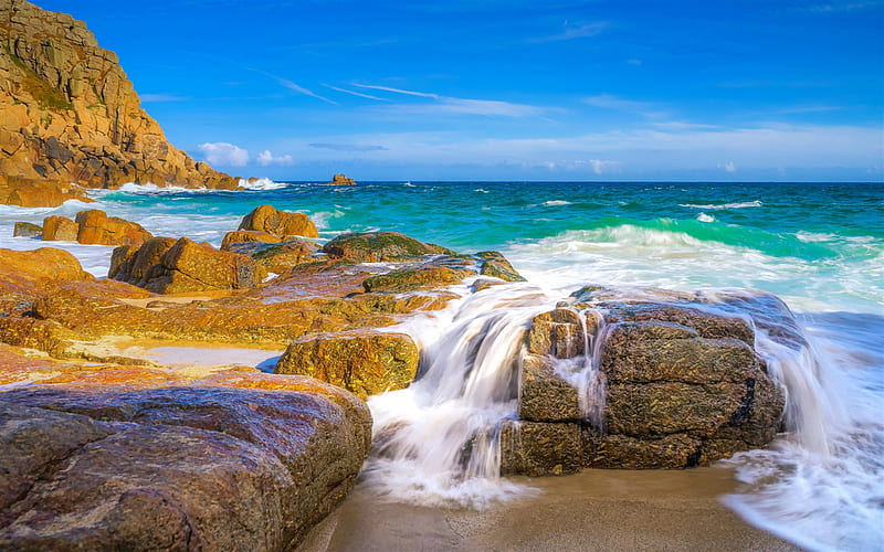 Atlantic Ocean, coast, rocks, waves, storm, Cornwall, England, HD wallpaper