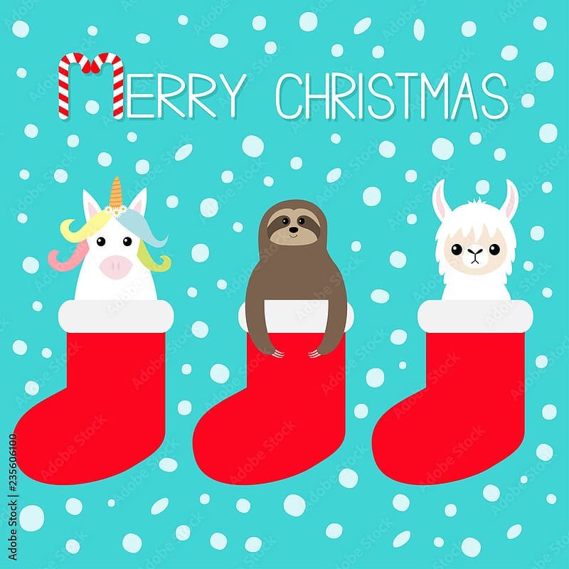 Merry Christmas. Llama Alpaca, Sloth, Unicorn In Red Sock. Snow Flake. Cute Cartoon Funny Kawaii Character. Happy New Year. T Shirt, Greeting Card, Poster Print. Flat Design. Blue Background. Stock Vector, HD phone wallpaper