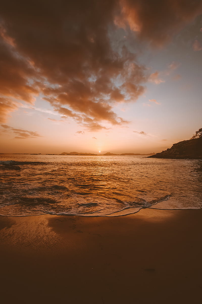 sea, beach, sunset, dusk, landscape, HD phone wallpaper