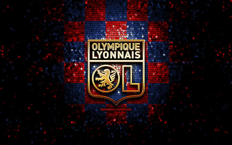 Olympique Lyonnais FC, glitter logo, Ligue 1, red blue checkered background, soccer, Olympique Lyonnais, french football club, Olympique Lyonnais logo, mosaic art, football, France, OL logo, HD wallpaper