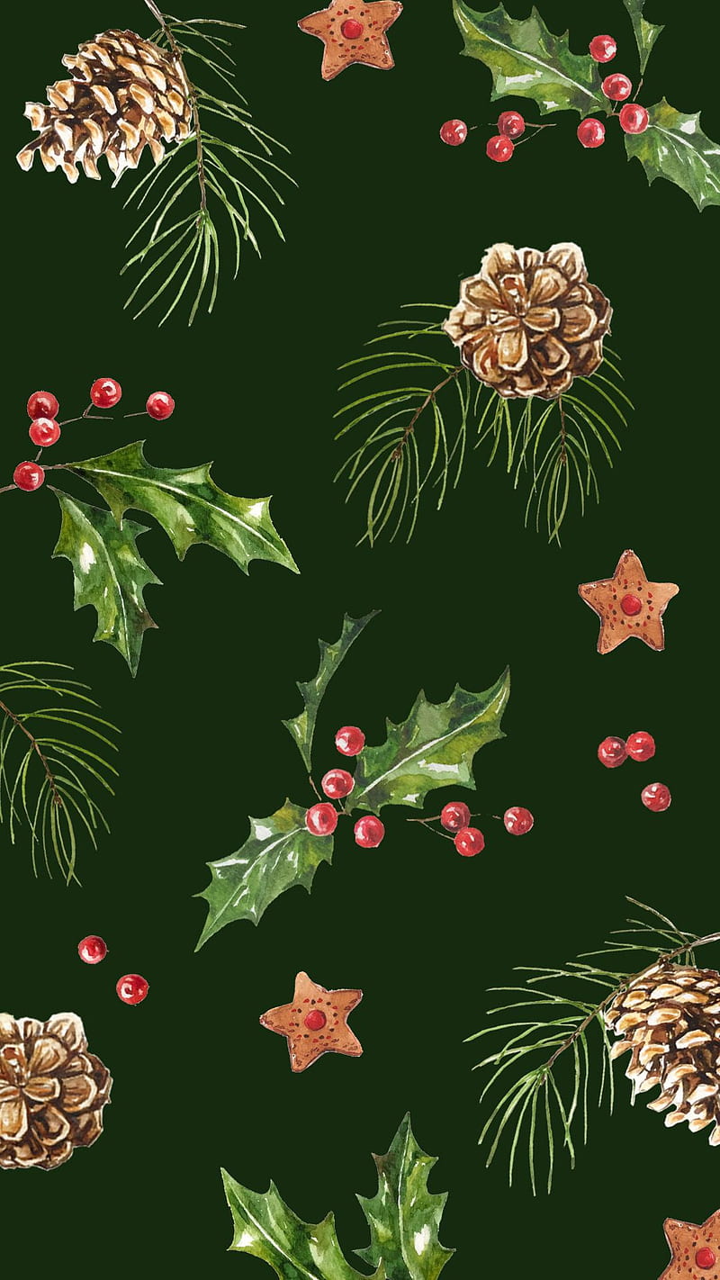 Holly, christmas, green, pine cones, HD phone wallpaper