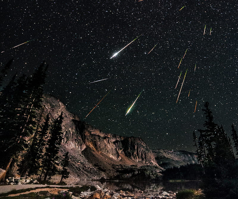 Meteor Shower, landscape, shooting stars, space, HD wallpaper
