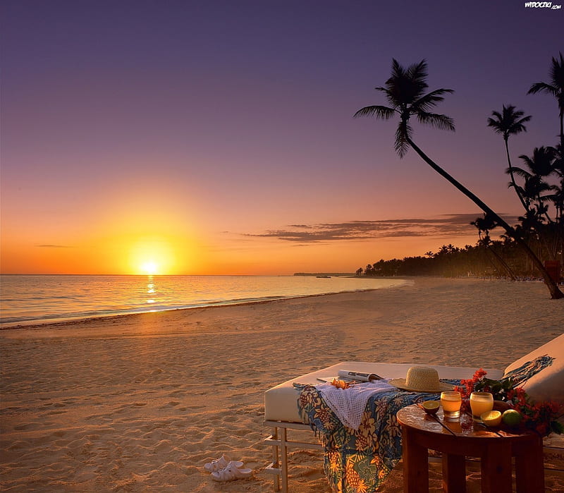 Sunset Beach, Sand, beach, Lounge Chair, Sunset, HD wallpaper