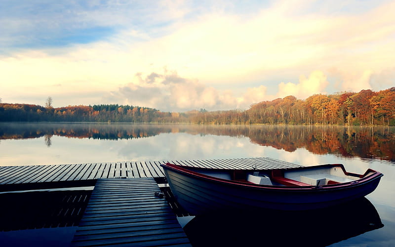 boat-autumn landscape, HD wallpaper