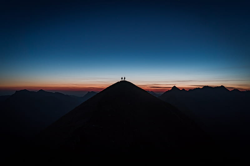 silhouette, hill, distance, sunset, HD wallpaper