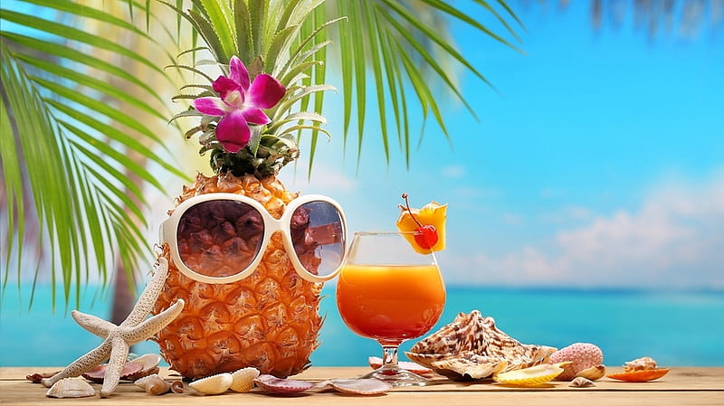 Beach party, Starfish, Pineapple, Flowers, Sunglass, Juice, HD wallpaper