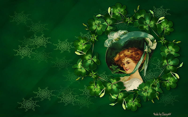 Vintage Irish Miss, irish, green, clover, gree, st patricks day, woman, vintage, HD wallpaper