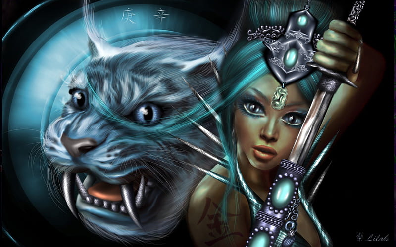 ✰BYAKKO is the METAL✰, pretty, wonderful, tiger, magic, sweet, fantasy, Mythology, beauty, Chinese, face, weapon, sword, Wu Xing, lovely, big cat, Byakko, guardian, customization, supernatural, lips, jewelry, cute, cool, battle, eyes, colorful, defender, Philosophy, bonito, digital art, canine, hair, blue, animals, amazing, female, Metal, composition, fantastic, colors, Legend, 5 Elements, warrior, magical, shiny, HD wallpaper