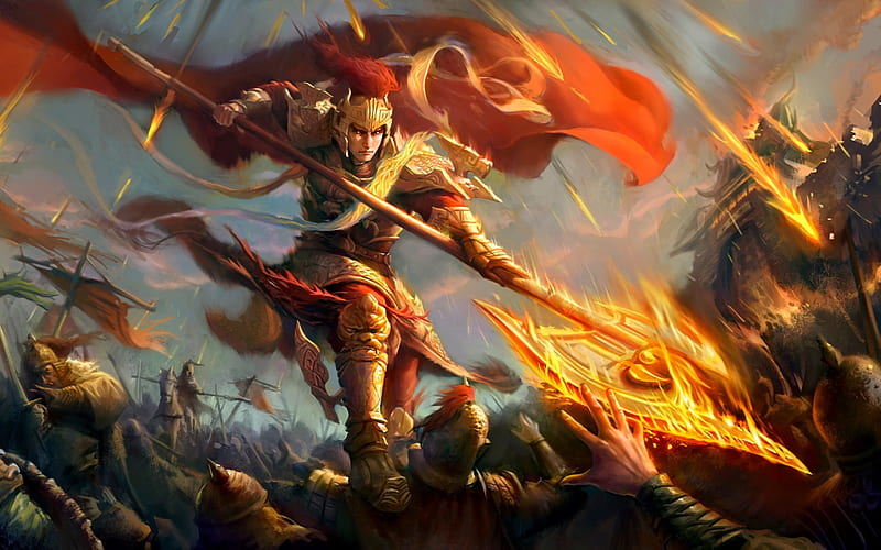 God of War, red, art, guerra, orange, yellow, man, mars, armor, fire, fantasy, warrior, battle, fight, god, HD wallpaper