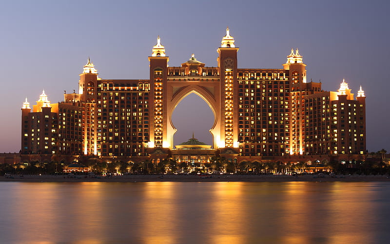Atlantis hotel, Dubai, luxury hotel, UAE, evening, lights, coast, HD wallpaper