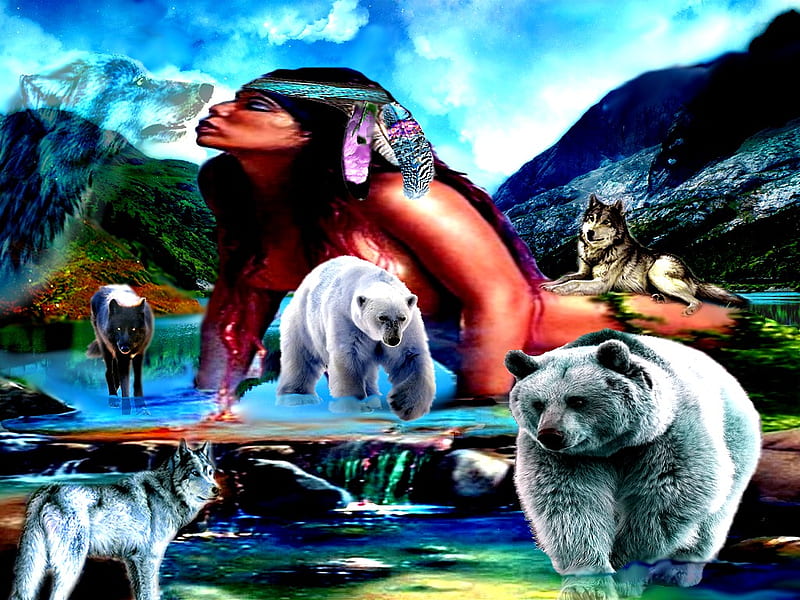 INDIAN ISLAND, indian, 2012, lake, spirit, mountains, nature, wolf, bears, blue, HD wallpaper