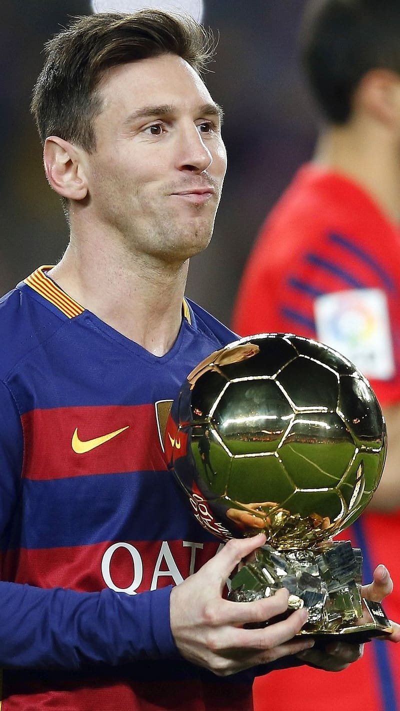 Messi With Ballon Dor, messi , ballon dor, footballer, sports, HD phone wallpaper