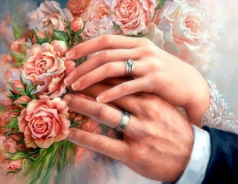 Wedding on Valentine's Day, weddings, holiday, love four seasons, roses, fingers, rings, Valentines, beloved valentines, couple, HD wallpaper