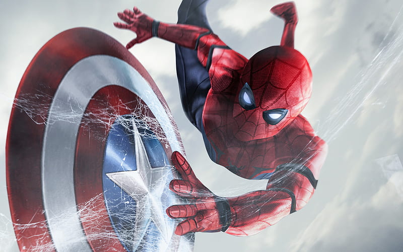 Spiderman, art, superheroes, Captain America Shield, HD wallpaper