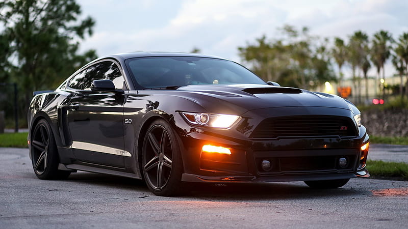ford mustang, black, park, 5-0, coupe, HD wallpaper