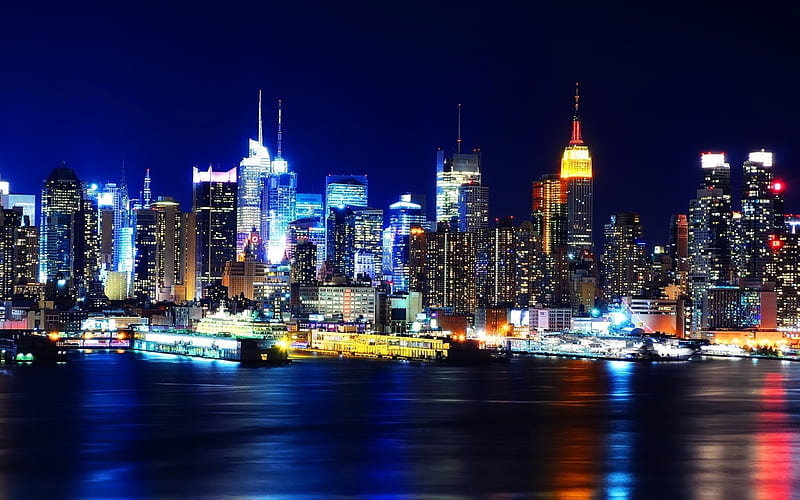 New York cityscapes, nightscapes, pier, metropolis, NYC, USA, America, HD wallpaper