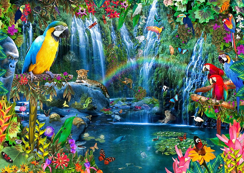 Tropics, butterflies, parrots, birds, flowers, waterfall, artwork, HD wallpaper