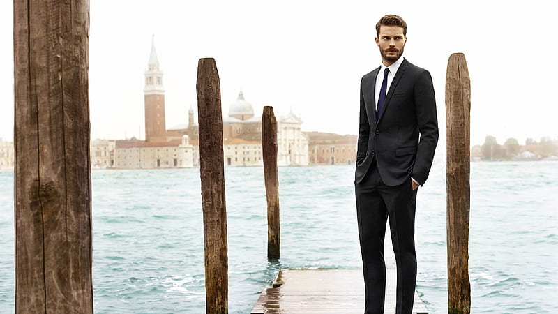 Jamie Dornan Is Standing On Wooden Dock Wearing Black Coat Suit In River Background Boys, HD wallpaper
