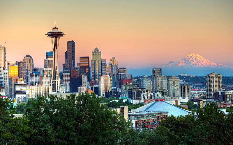 Seattle,Washington, Mountains, Skyscrapers, Seattle, Sunset, HD wallpaper